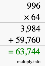 How to calculate 996 times 64 using long multiplication