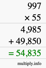 How to calculate 997 times 55 using long multiplication