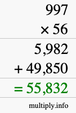 How to calculate 997 times 56 using long multiplication