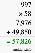 How to calculate 997 times 58 using long multiplication