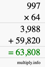 How to calculate 997 times 64 using long multiplication