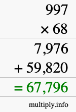 How to calculate 997 times 68 using long multiplication