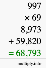 How to calculate 997 times 69 using long multiplication