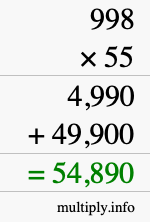 How to calculate 998 times 55 using long multiplication