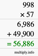 How to calculate 998 times 57 using long multiplication