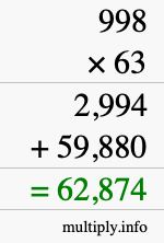 How to calculate 998 times 63 using long multiplication