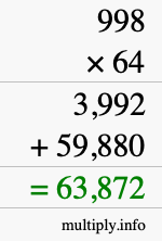 How to calculate 998 times 64 using long multiplication