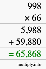 How to calculate 998 times 66 using long multiplication