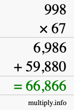 How to calculate 998 times 67 using long multiplication