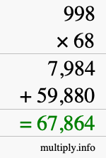 How to calculate 998 times 68 using long multiplication