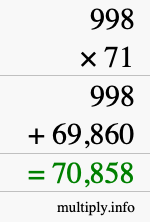 How to calculate 998 times 71 using long multiplication