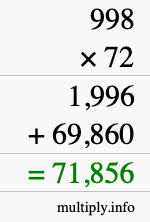 How to calculate 998 times 72 using long multiplication