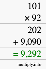 How to calculate 101 times 92 using long multiplication