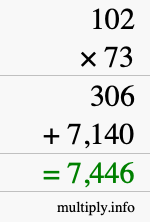 How to calculate 102 times 73 using long multiplication