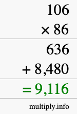 How to calculate 106 times 86 using long multiplication
