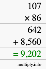 How to calculate 107 times 86 using long multiplication