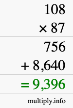 How to calculate 108 times 87 using long multiplication