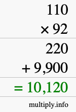 How to calculate 110 times 92 using long multiplication