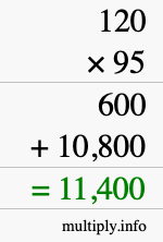 How to calculate 120 times 95 using long multiplication