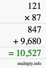 How to calculate 121 times 87 using long multiplication