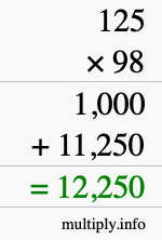 How to calculate 125 times 98 using long multiplication How to calculate 125 times 98 using long multiplication