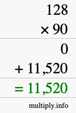 How to calculate 128 times 90 using long multiplication How to calculate 128 times 90 using long multiplication