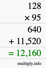 How to calculate 128 times 95 using long multiplication