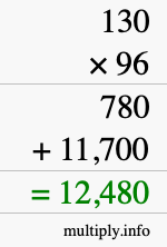 How to calculate 130 times 96 using long multiplication How to calculate 130 times 96 using long multiplication