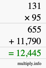How to calculate 131 times 95 using long multiplication