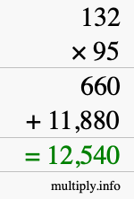 How to calculate 132 times 95 using long multiplication