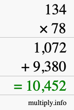 How to calculate 134 times 78 using long multiplication