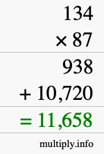 How to calculate 134 times 87 using long multiplication