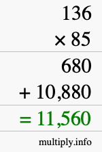 How to calculate 136 times 85 using long multiplication
