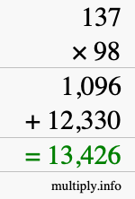How to calculate 137 times 98 using long multiplication