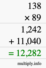 How to calculate 138 times 89 using long multiplication