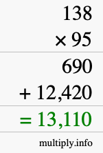 How to calculate 138 times 95 using long multiplication