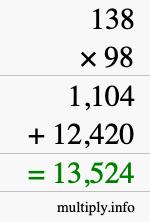 How to calculate 138 times 98 using long multiplication