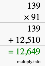 How to calculate 139 times 91 using long multiplication