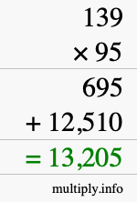 How to calculate 139 times 95 using long multiplication