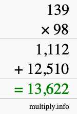 How to calculate 139 times 98 using long multiplication