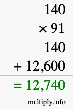 How to calculate 140 times 91 using long multiplication
