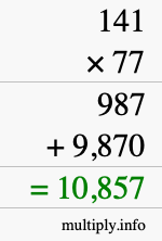 How to calculate 141 times 77 using long multiplication