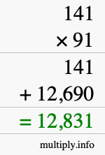 How to calculate 141 times 91 using long multiplication