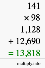 How to calculate 141 times 98 using long multiplication