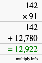 How to calculate 142 times 91 using long multiplication