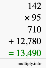 How to calculate 142 times 95 using long multiplication
