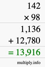 How to calculate 142 times 98 using long multiplication