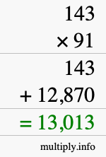 How to calculate 143 times 91 using long multiplication