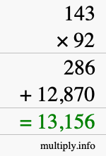 How to calculate 143 times 92 using long multiplication