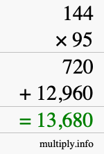 How to calculate 144 times 95 using long multiplication